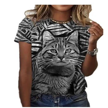 Camiseta estampada para mujer gato / gato manga corta fitnesa top gadījuma moda nicho diseñador ropa ir 2021. nuevo Attēls 2