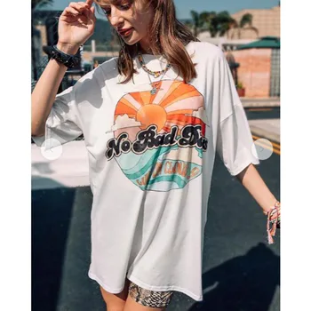 Vintage Saule Cloud Print Burtu Grafiskais Tee Sieviešu Modes Topi Ar Īsām Piedurknēm Gadījuma Tīņi Top Vasarā Plus Lieluma High Street T Krekls Attēls 2