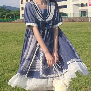 Zila Salds Kawaii Lolita Kleita Cute Japāņu kara Flotes Stils Priekšgala Lolita Īsām piedurknēm Kleita Kawaii Apģērbu Pasaku Lolita Kleita Gotikas Attēls 2