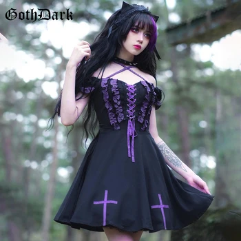 Goth Tumši Mall Gothic E-meitene Estētisko Sieviešu Mini Kleitas Grunge Ruffles Pārsējs Black Pavada Kleita-line Alt Drēbes Partywear Attēls 2