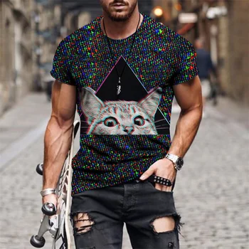 3D Kaķis Iespiesti Vīriešu T-Krekls Vasaras Gadījuma Īsām Piedurknēm T-krekli ar Apaļu Kakla Punk Streetwear Topi Lielgabarīta T-Krekli Vīriešu Krekls Attēls 2