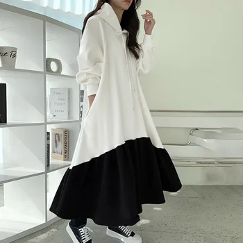 Korejas Modes Kleita Womens Jaunu 2021 Rudens Ziemas Kapuci Krāsu Kontrastu Mīksti Samta Garām Piedurknēm Gadījuma Gara Kleita Attēls 2