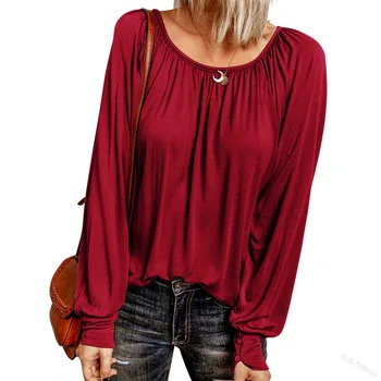 Sieviešu Mode Rudens Atpūtas Bāzes Modeļa Nosēšanās Zemāko Tīras Kokvilnas garām piedurknēm Krekls ar Apaļu Kakla vienkrāsainu T-kreklu Top Attēls 2