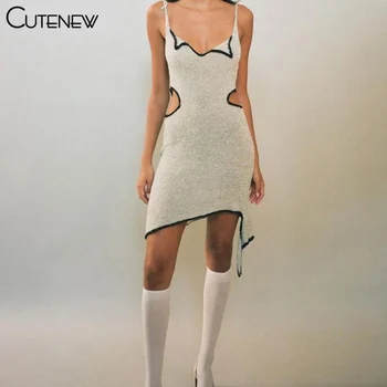 Cutenew Sexy Dobi No Linga Mini Kleita Sieviešu Apģērbs Vasaras Asimetrijas V-veida Kakla Piedurknēm Izdilis Nelegālo Cietā Dāma Dresse Attēls 2