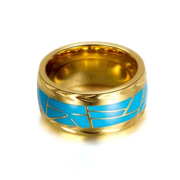 Jauns vienkāršs un moderns zilas epoksīda sveķiem, nerūsējošā tērauda gredzens vīriešu un sieviešu personību, zelta gredzens, tērauda krāsā, Attēls 2