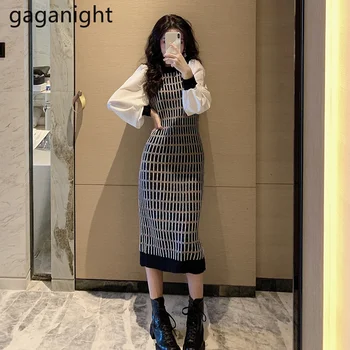 Gaganight Bodycon Sieviešu Izšūta Kleita ar garām Piedurknēm O Kakla Šiks korejas OLA Slim Vestidos Raibs Elegants Vintage Sieviešu Kleita ir 2021. Attēls 2