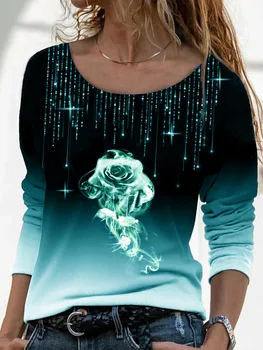 Sky Rožu Print T-krekls Sievietēm Gadījuma O-veida Kakla ar garām Piedurknēm, Sieviešu Džemperi, Topi Tees Ir 2021. Rudens Ziemas Tees Attēls 2