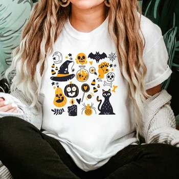 Krāsas Halloween Maz Lietas T-krekls Gudrs Sieviešu Halloween Doodles Grafiskais Tee Top Spooky Rudens Īsām Piedurknēm Ragana Tshirt Attēls 2