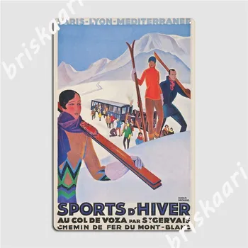 Ziemas Sporta Art Deco Vintage Francija Slēpošanas Ceļojumu Plakātu Metāla Zīmes Kino Virtuve Bārs Alu Vintage Skārda zīme Plakāti Attēls 2