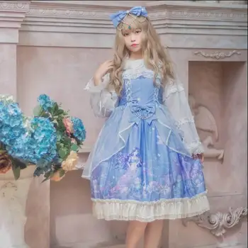 Pils princese dienas sweet lolita kleita vintage mežģīnes bowknot augsta vidukļa gudrs drukāšanas viktorijas kleita kawaii meitene jsk loli cos Attēls 2