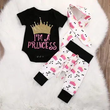 0-18M Meitenes Princese Romper Bērniem Topi+Garās Bikses+Galvas Puse 3pcs Set Baby Girl Crown Set Tērpiem Attēls 2