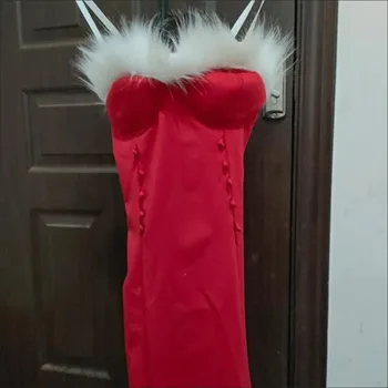 Ziemas Ziemassvētku Kleita Sexy Puses Sarkano Apsēju Bodycon Zīmuli Kažokādas Mini Kleita Sievietēm Vestido Sieviešu Vintage Attēls 2