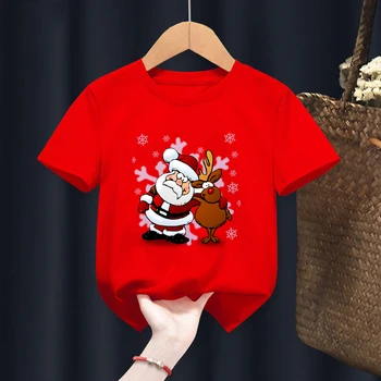 Jauno Modes Īsām Piedurknēm Bērnu T-krekls Priecīgus Ziemassvētkus Cute Santa Ziemeļbrieži Grafiskais Kids Red Tshirts Zēni Meitenes Ikdienas Topi Attēls 2