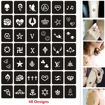 48 Dizainu, nelielo Izmēru Henna Trafaretu DIY Zīmēšanas Pulverizatoru Ķermeņa Trafareti Ziedu Vainagu Kaķis Glitter Tattoo Trafaretu Henna Veidnes Attēls 2