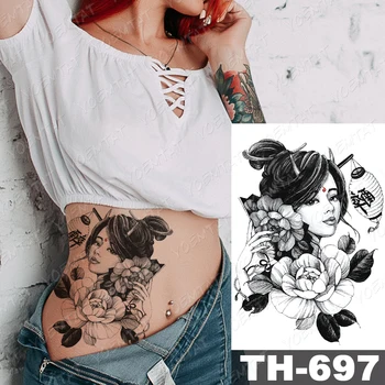Ūdensnecaurlaidīgus Pagaidu Tetovējumu Uzlīmes Japāņu Geišas Flash Tetovējumiem Skaistumu karotāja zobens, Peonija Body Art Roku Viltus Tetovējums Sievietes Vīrieši Attēls 2