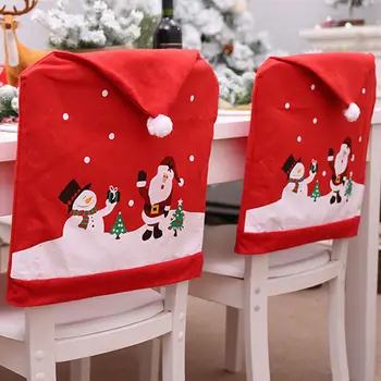 Ziemassvētku Krēslu Segtu Klasiskā Santa Claus, Sniegavīrs Drukāt Ēdamistabas Krēsls Vāciņš ar Pom Pom Jaunajā Gadā Grupa Piederumi Ziemassvētki 60cmX50cm Attēls 2