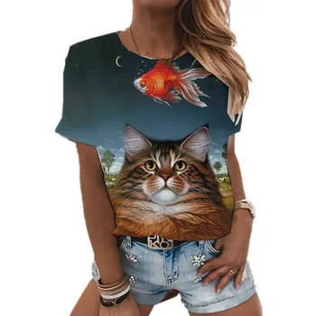 Jaunā 3D drukāšanas dāmas modes gudrs dzīvnieks kaķis vasaras gadījuma visu maču T-krekls plus lieluma apģērbu XXS-6XL Camisetas Mujer De Attēls 2