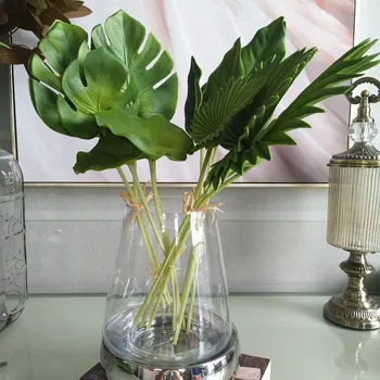 PU pu Mākslīga palmu koku lapas augiem viltus bruņurupucis taro zaļo lapu mājas kāzu galda ziedu apdare Attēls 2