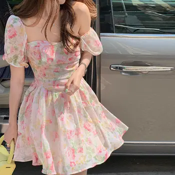 Ir 2021. Vasaras Eleganti Ikdienas Sieviešu Kleitas Pusi, franču Vintage Mini Ziedu Kleitu Sievietēm Salds Puff Piedurknēm korejiešu Stilā Dizains Attēls 2
