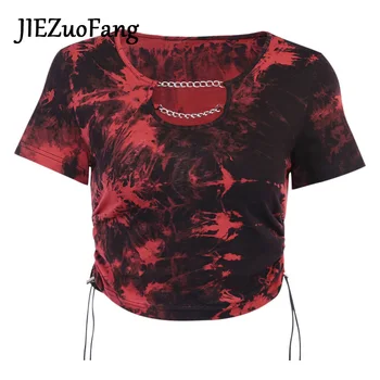 JIEZuoFang Modes Sarkaniem Gotikas Stila Seksīgi Sieviešu T-Krekls Šiks Ķēdes Apdare Adīšanas Īsām Piedurknēm Slash Kakla T-Krekls 2020 Jaunas Attēls 2