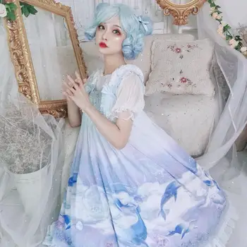 Japāņu sweet lolita kleita vintage mežģīnes bowknot gudrs drukāšanas augsta vidukļa princese tēja puse viktorijas kleita kawaii meitene jsk cos Attēls 2