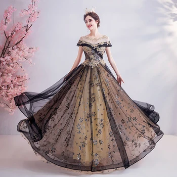 Luksusa baroka melnā zelta rokoko bumbu kleita gara kleita vintage viduslaiku kleita Renesanses princese Viktorija kleita Attēls 2