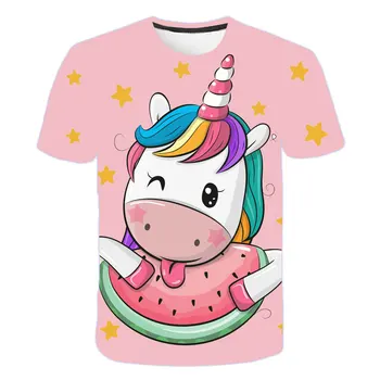 Vasarā Meitenes 4 5 6 7 8 9 Gadiem Unicorn T-krekls unicornio Drukāt Cute Karikatūra Topi ar Īsām Piedurknēm Tees Bērniem lielgabarīta rozā t krekls Attēls 2