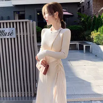 Rudenī, Ziemā-LINE Džemperis Kleita Jauns korejiešu Modes Adīt Aukliņu Kleita Sievietēm Slim Midi Kleitu Sieviešu Adīt Šiks Elegants Kleita Attēls 2