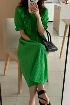 Ir 2021. Modes Sieviešu Dot Drukas Halāti Kleita korejas Vasaras Zaļā O-veida kakla Zaudēt Vidukļa Savirmot Gadījuma Baltās Rozes Krekls Vestidos Kleitas Attēls 2