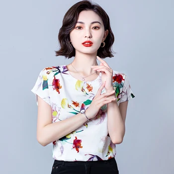Vasaras korejas Modes Zīda T-krekli, Sieviešu Vintage Satīna Tops Sievietēm ar Īsām Piedurknēm Melnā Balts Biroja Dāmu Krekli Attēls 2