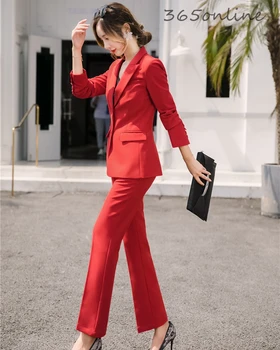 Modes Red Vienotu Stilu Pantsuits ar 2 Gabals, kas Bikses un Jakas Mētelis Dāmas Office Professional Sieviešu Uzņēmējdarbības Bleizeri Attēls 2