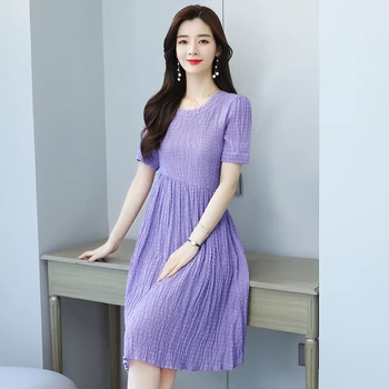 2022 Vintage Lillā Šifona Sexy Cietā Midi Kleitu Pavasara Vasaras Plus Lieluma Korejas Īsām Piedurknēm Kleita Sievietēm Bodycon Puse Vestidos Attēls 2