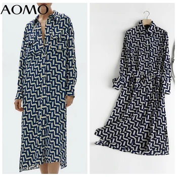 AOMO ir 2021. Modes Sieviešu Ģeometrija Drukāt Midi Kleita ar Slīpsvītru ar garām Piedurknēm Biroja Dāmas Vintage Kleita 6D31A Attēls 2