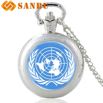Vintage Sudraba Apvienoto Nāciju Organizācijas Logo Kongress Stikla Cabochon Kvarca Kabatas Pulkstenis Attēls 2