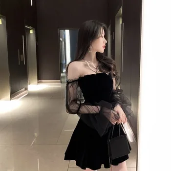 Jaunu 2021 Black Retro Kleita Sievietēm Mežģīnes, Šifons Mini Kleita Sieviešu High Street Sexy Korejas Modes Kleita Sieviešu Kluba Kleitu Attēls 2