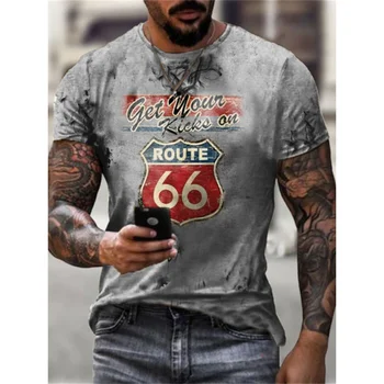 Vasarā Jaunu Vīriešu T Krekli Lielgabarīta Brīvs Apģērbs Vintage Īsām Piedurknēm Modes Amerikā Route 66 Burtiem Iespiests O Gredzenūbele Tshirt Attēls 2