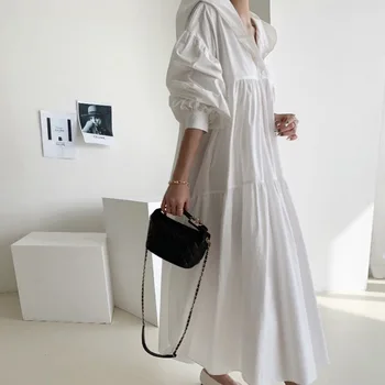 Kapuci Brīvs Džemperis Gara Kleita Krokas Tīrtoņa Krāsu Garām Piedurknēm Sievietēm Jauna Rudens Ir 2021. Japāņu Stila Modes Zaudēt Gadījuma Attēls 2