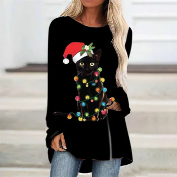 Rudens Kaķis Ziemassvētku Drukāt Sieviešu Topi garām piedurknēm Tīras Kokvilnas Fashion 