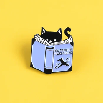 To Kill a Mockingbird Emaljas Adatas Melnais Kaķis, Lasot Grāmatu Nozīmītes Piespraudes Atloks, Drēbes maiss Pin Karikatūra Dzīvnieku Rotaslietas, Dāvanas Attēls 2