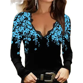 Ir 2021. Jauno Rudens Modes Sieviešu T-Krekli Slim, Sexy Mežģīņu V-veida Kakla Ziedu Drukāt garām Piedurknēm Ikdienas Apģērbu Plus Lieluma 5XL T-Krekls Topi Attēls 2