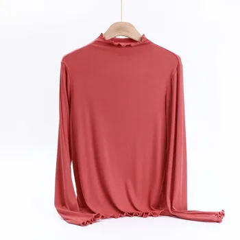 NewWomen augstu uzrullētu apkakli ar garām piedurknēm zemāko krekls XL samta silts seksīga apakšveļa vienkrāsainu kreklu top 2021 rudens ziemas Attēls 2