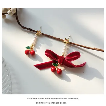 S925 adatu Karstā sarkano Ķiršu Komplekti, Auskari Eardrop Salds Augļu Bowknot Auskari Sieviešu Modes Jaunatnes Meitene Dāvanas Kāzu Puse Attēls 2