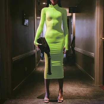 Ir 2021. Jaunu Sexy Kleita ar garām Piedurknēm Kritums Apģērbu Sieviešu Modes Lielgabarīta Vestidos Visu maču Augsta Kakla Soma Hip Vidēja garuma kleita Attēls 2