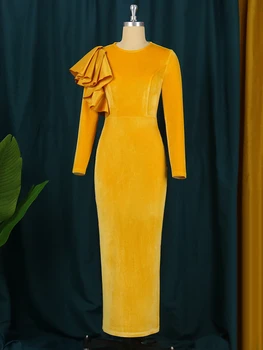 Vakara Kleitas Sievietēm 2022 garām Piedurknēm Ruffles Samta Zelta Bodycon Kleita Elegantas Dāmas Retro Stila Vakariņas Slavenību Tērpu Attēls 2