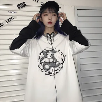 Korejas Kpop Karikatūra Grafikas Estētisko Apģērbu Zilā krāsā ar garām Piedurknēm T-Krekls, Sieviete, Pāris Emo Pilsētu Top Goth 90s Tee Grunge Drēbes Attēls 2
