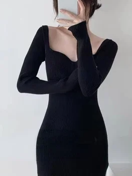 Trikotāžas Elegants Midi Kleitu Sieviešu Rudens Ziemas Ilgi Slevee Dizainers Francija Vintage Kleita Melnā korejiešu Stilā, viengabala Kleita ir 2021. Attēls 2