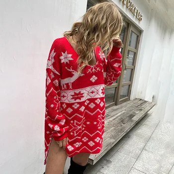 Sieviešu Sexy pie pleca Trikotāžas kleita 2022 Jauno Gadu Žakarda Ziemassvētku Kleita Rudens Ziemas Zaudēt garām Piedurknēm sarkans džemperis kleita Attēls 2