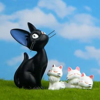 Cute Melnā Ragana Kaķis Jiji Balts Kaķēns Kiki Karikatūra Dzīvnieku Skaitļi Modelis Miniatūrā Ainavu Apdare, Rotaļlietas, Lelles Māja Dāvanas Attēls 2
