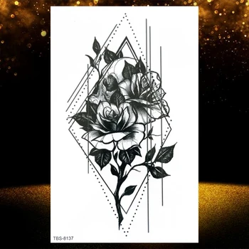 3D Lielu Rožu Ziedu Black Tetovējumu Uzlīmes Ziedu Ūdensizturīgs Viltus Pagaidu Tetovējumiem Sievietēm Meitene Body Art Mazgājams Tattos Attēls 2